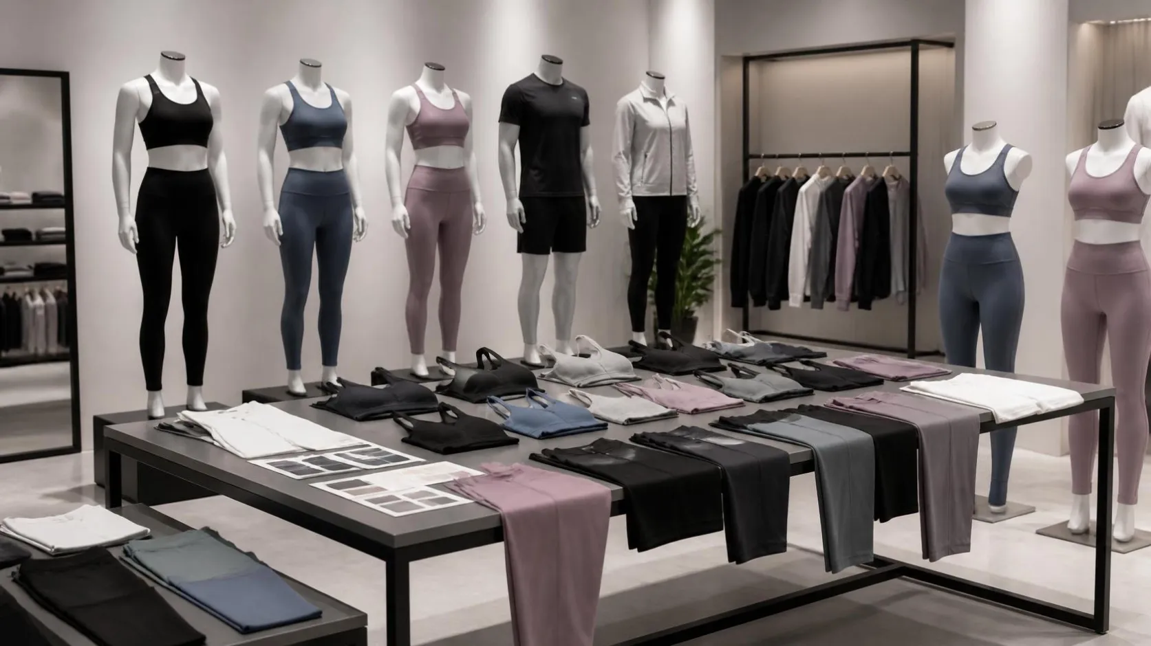 Custom activewear sample service, professional sportswear samples display, high-quality gym wear prototypes, activewear sample collection, product development samples, modern manufacturing showroom, athletic apparel sam