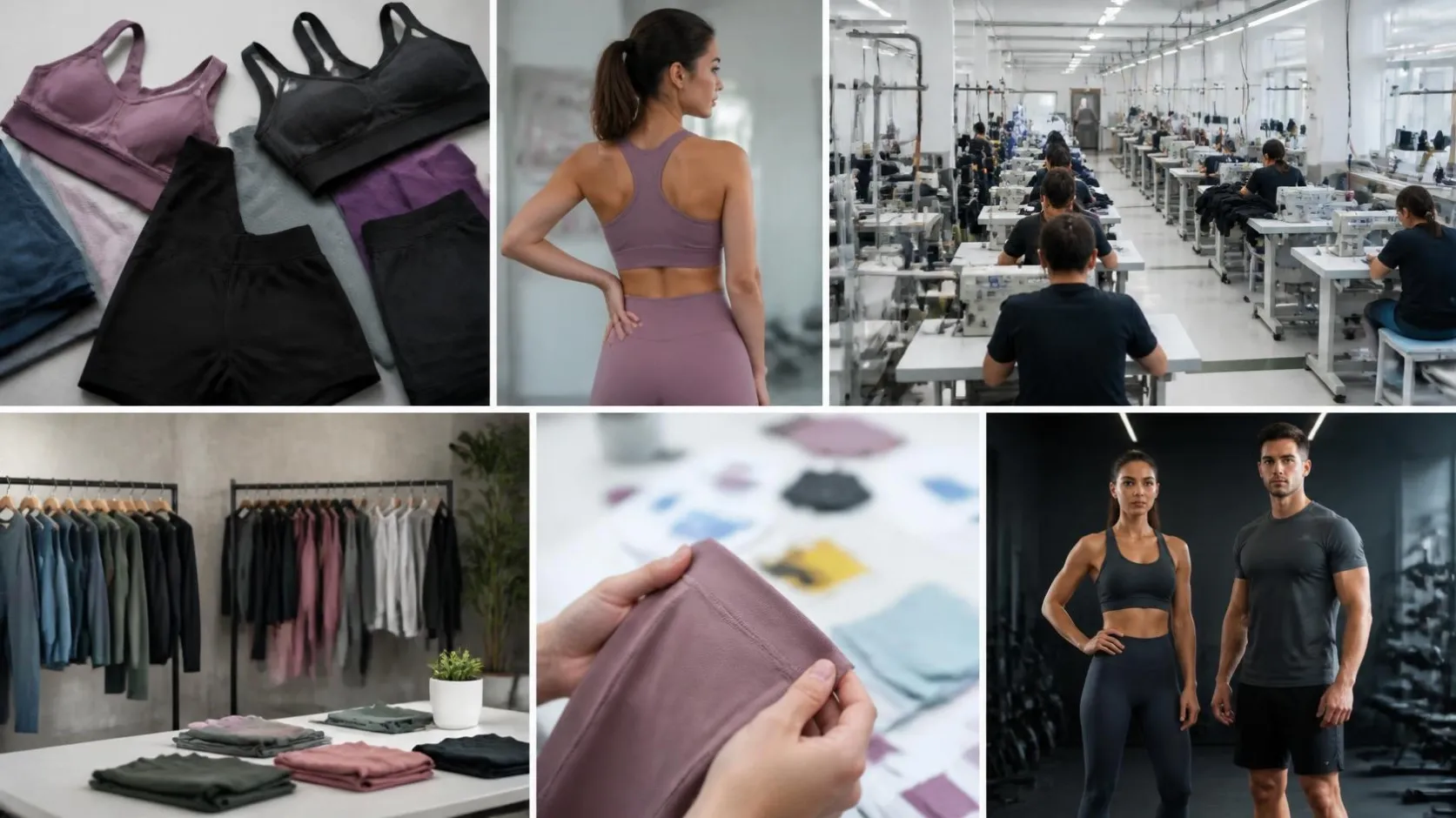 Private label gym wear with small order quantities, branded fitness clothing collection, small batch activewear production, custom gym apparel samples, startup brand sportswear, modern manufacturing facility, flexible p