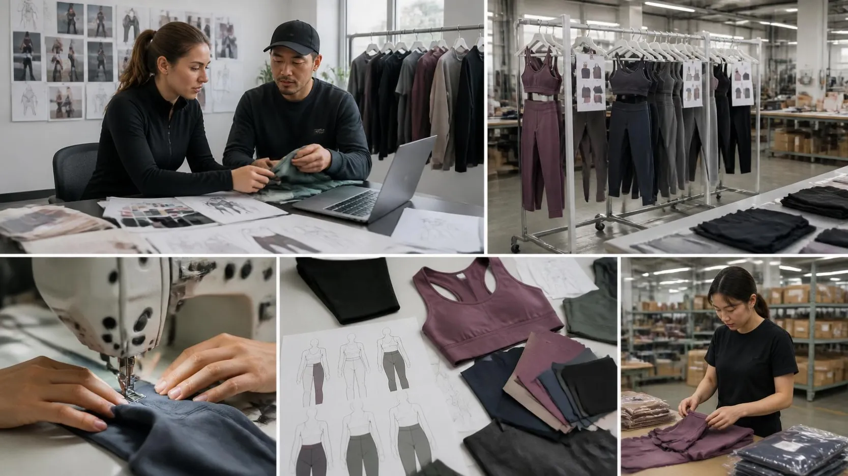Small batch activewear manufacturing, new brand startup production, limited quantity sportswear samples, entrepreneur working with manufacturer, small scale garment production, modern activewear factory, business planni