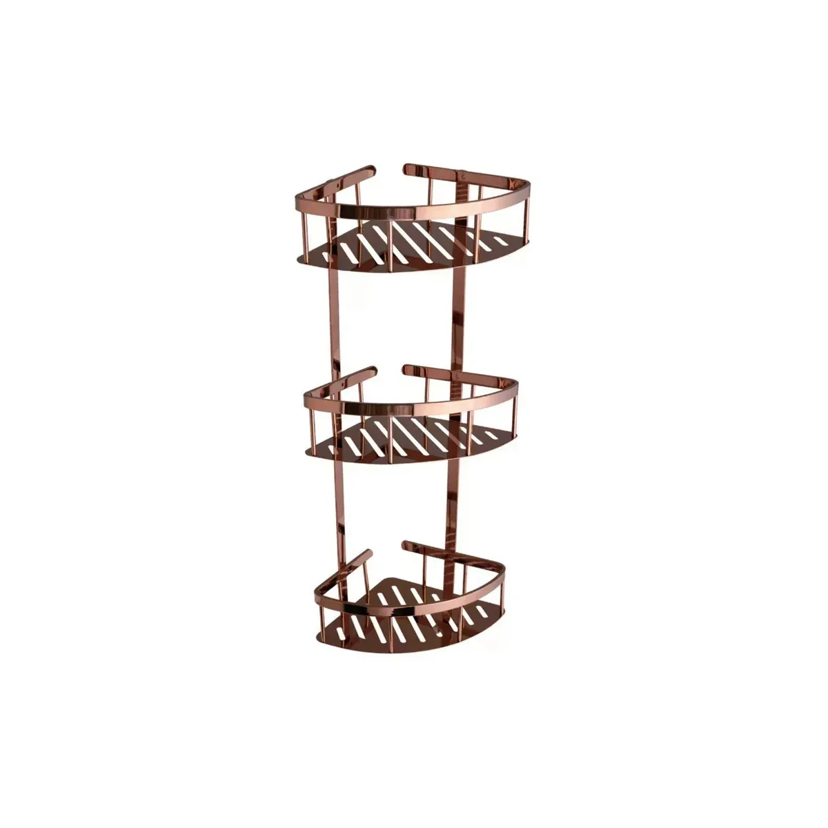 Wide-Rim Triple-Tier Panel Corner Basket with Hooks in Rose Gold finish, model B63022K-6