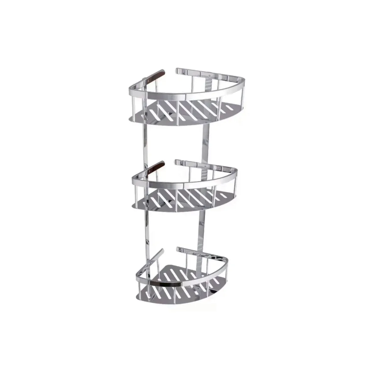 Wide-Rim Triple-Tier Panel Corner Basket with Hooks in Chrome finish, model B63022K-2