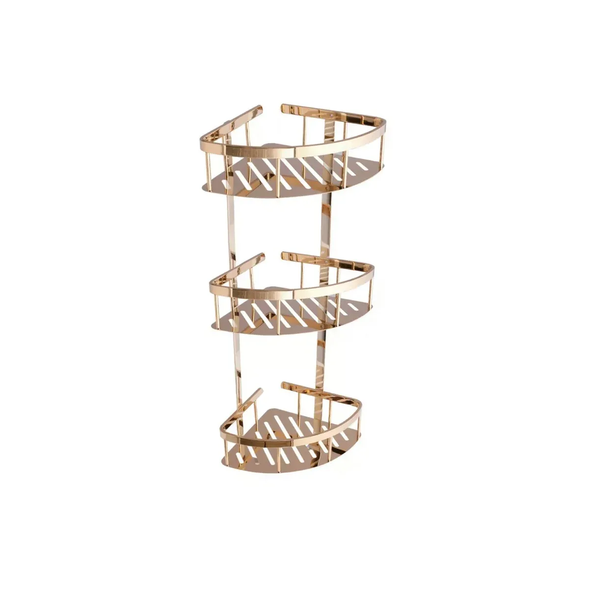 Wide-Rim Triple-Tier Panel Corner Basket with Hooks in Zircon Gold finish, model B63022K-5