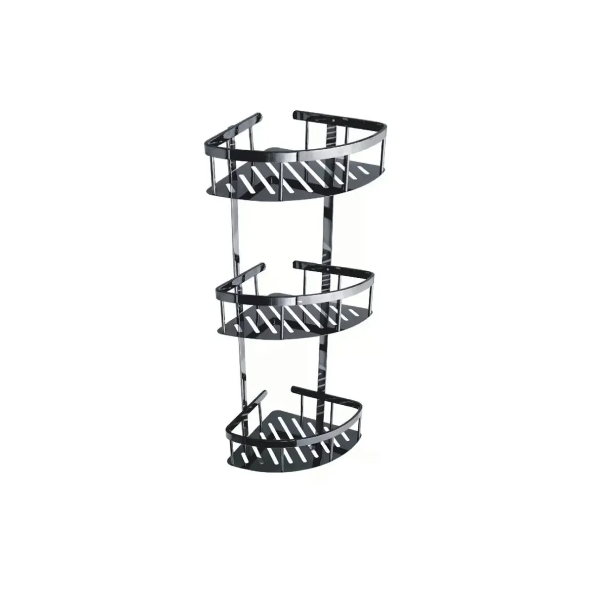 Wide-Rim Triple-Tier Panel Corner Basket with Hooks in Pearl Black finish, model B63022K-12