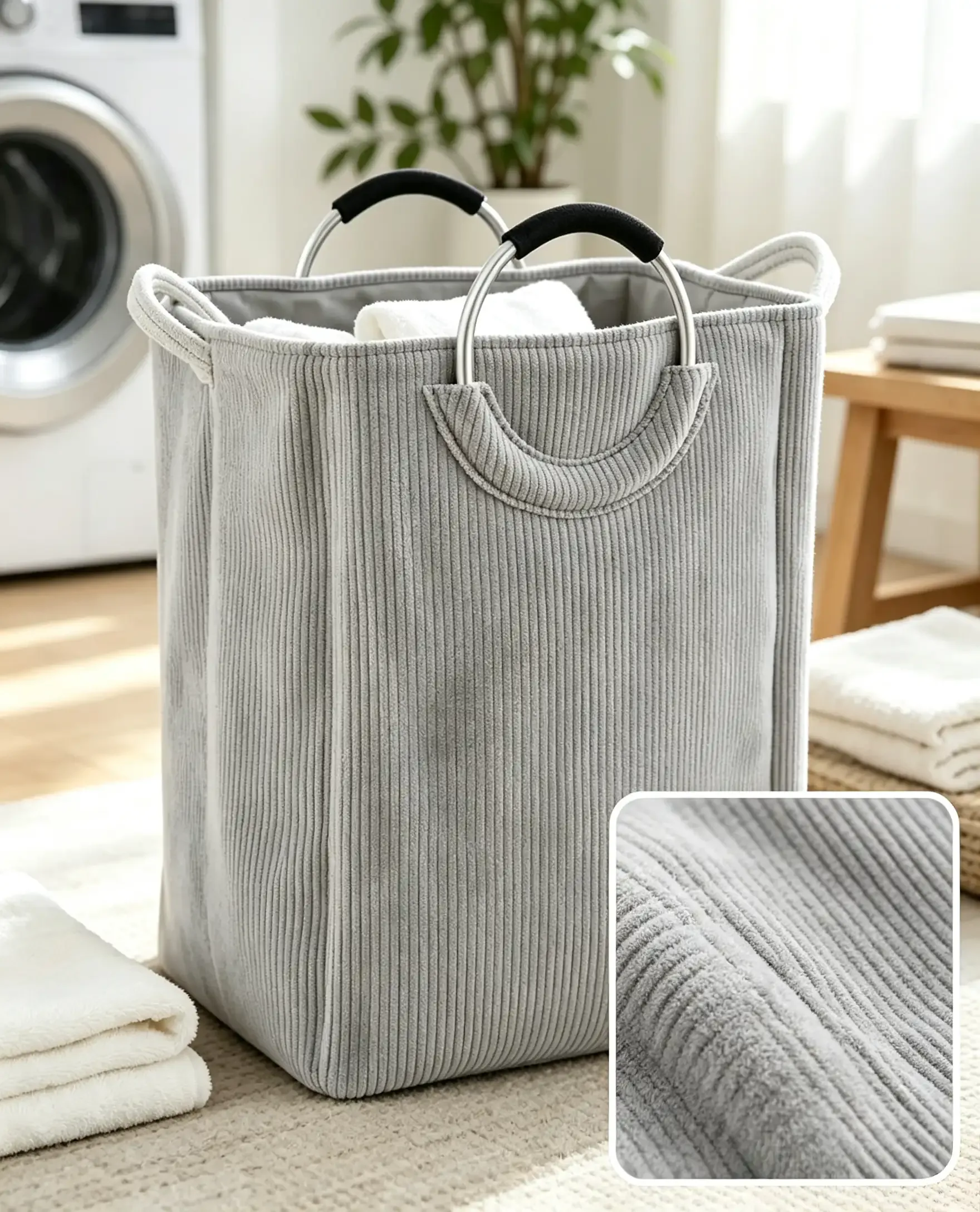 Corduroy laundry basket with ribbed fabric texture and material details