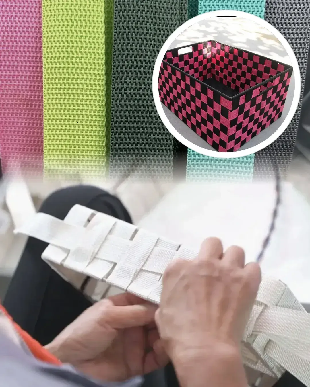 PP webbing straps in multiple colors and a hand-woven webbing storage basket