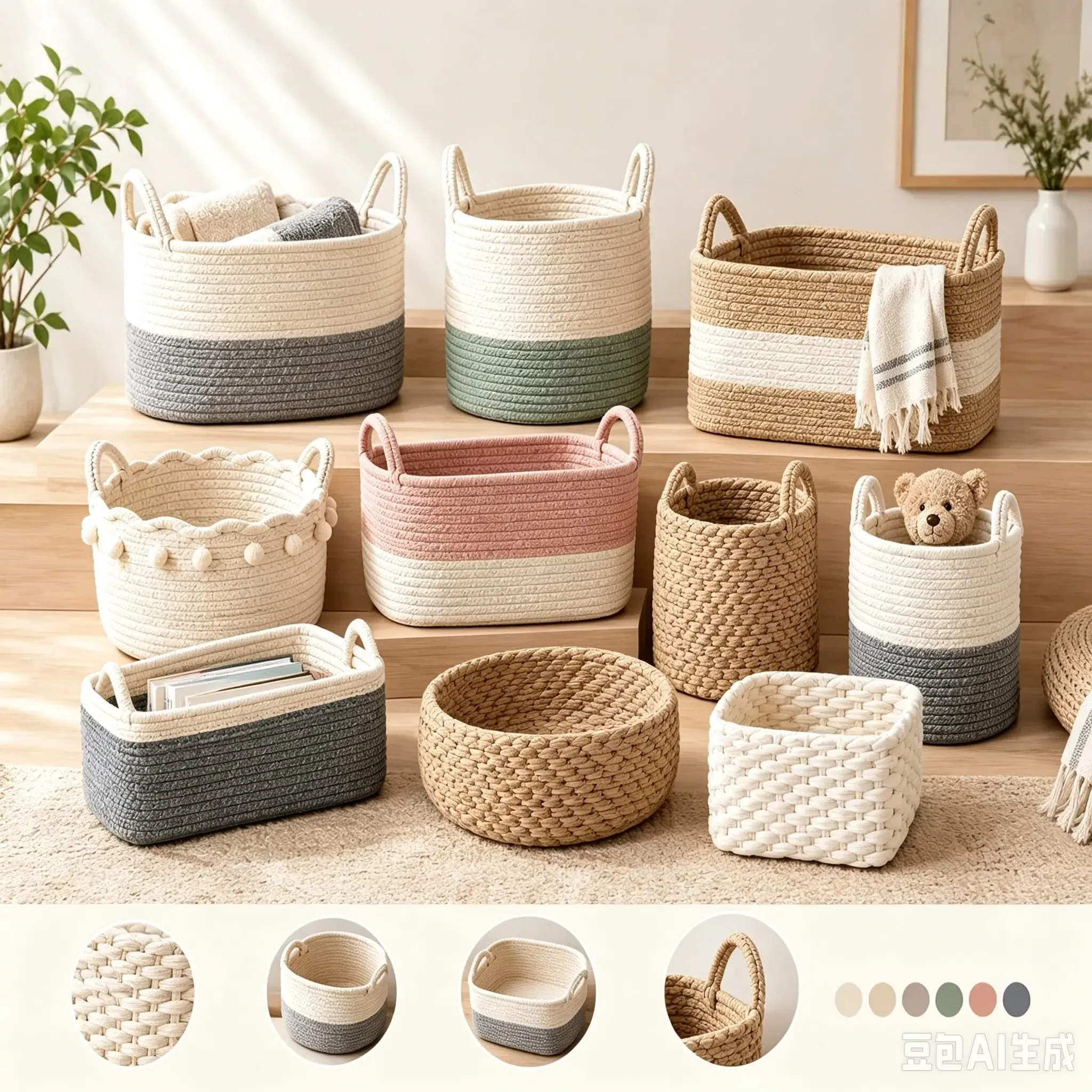 Custom cotton rope storage baskets in different shapes and sizes