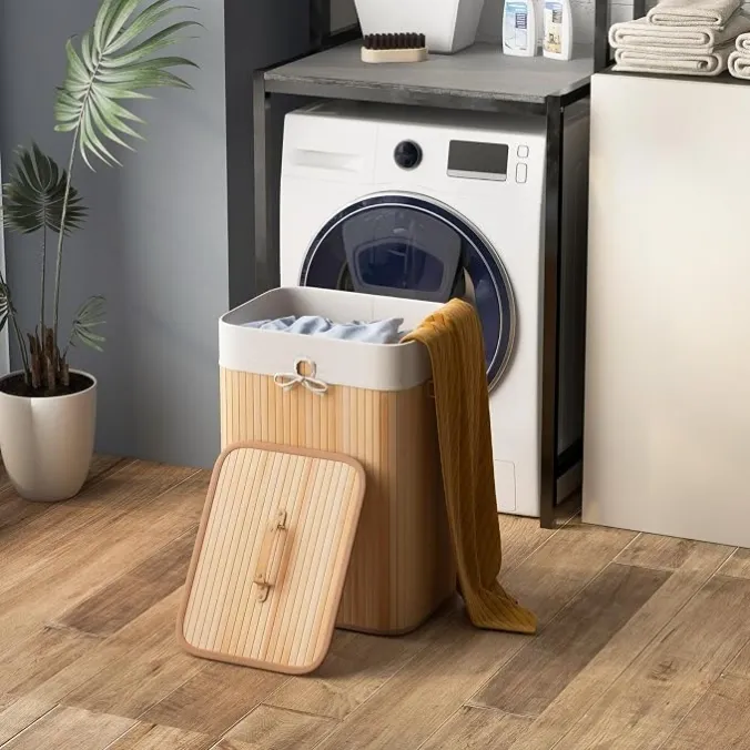 Bamboo laundry hamper for bedroom and bathroom storage