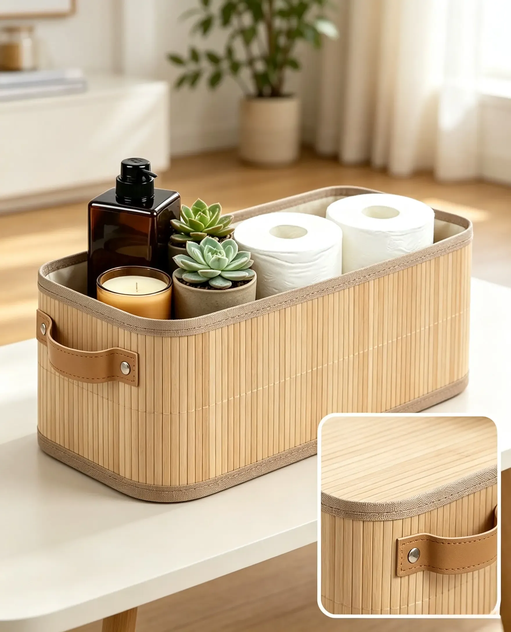 Handcrafted bamboo slat storage basket for home organization