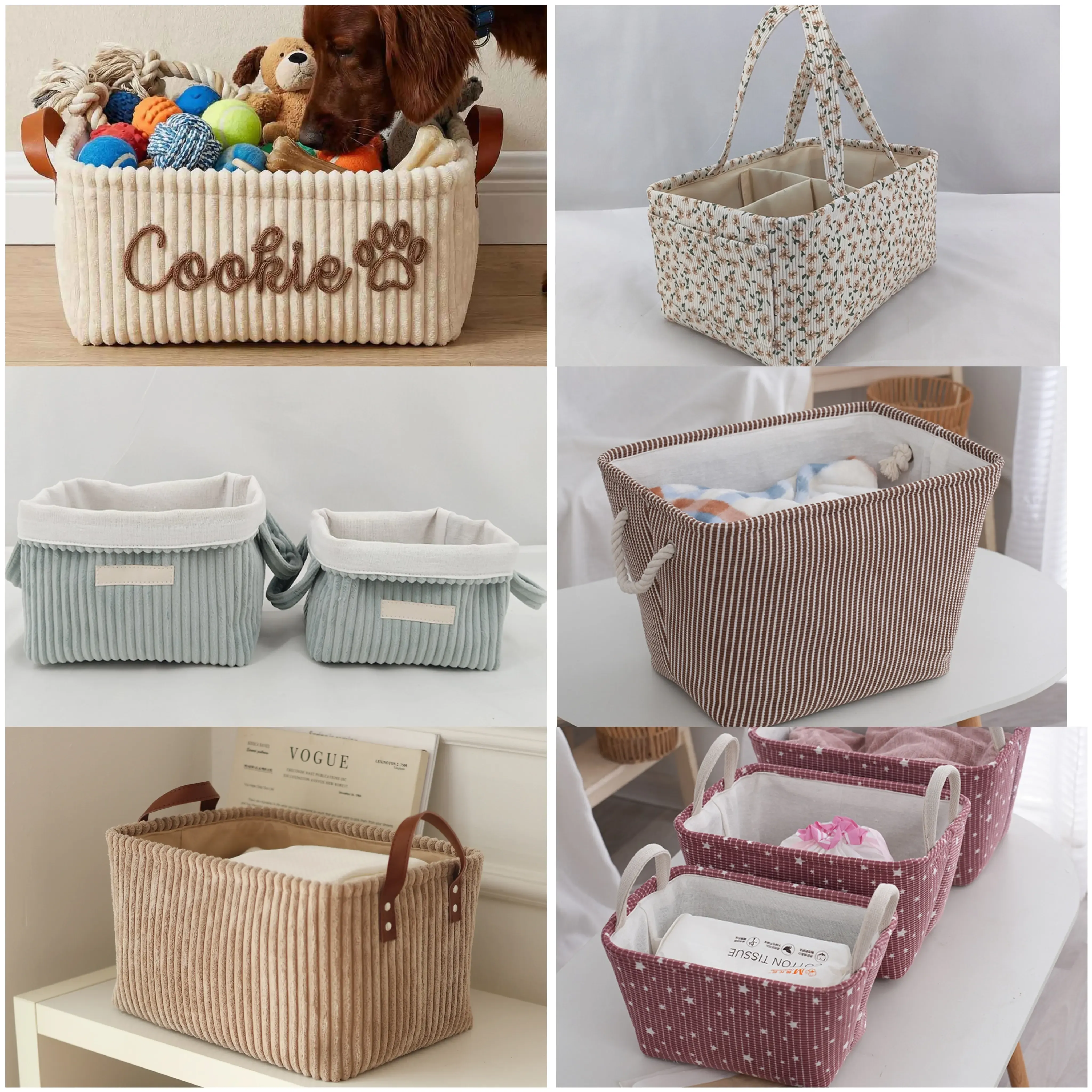 Custom corduroy storage baskets in different sizes colors and designs