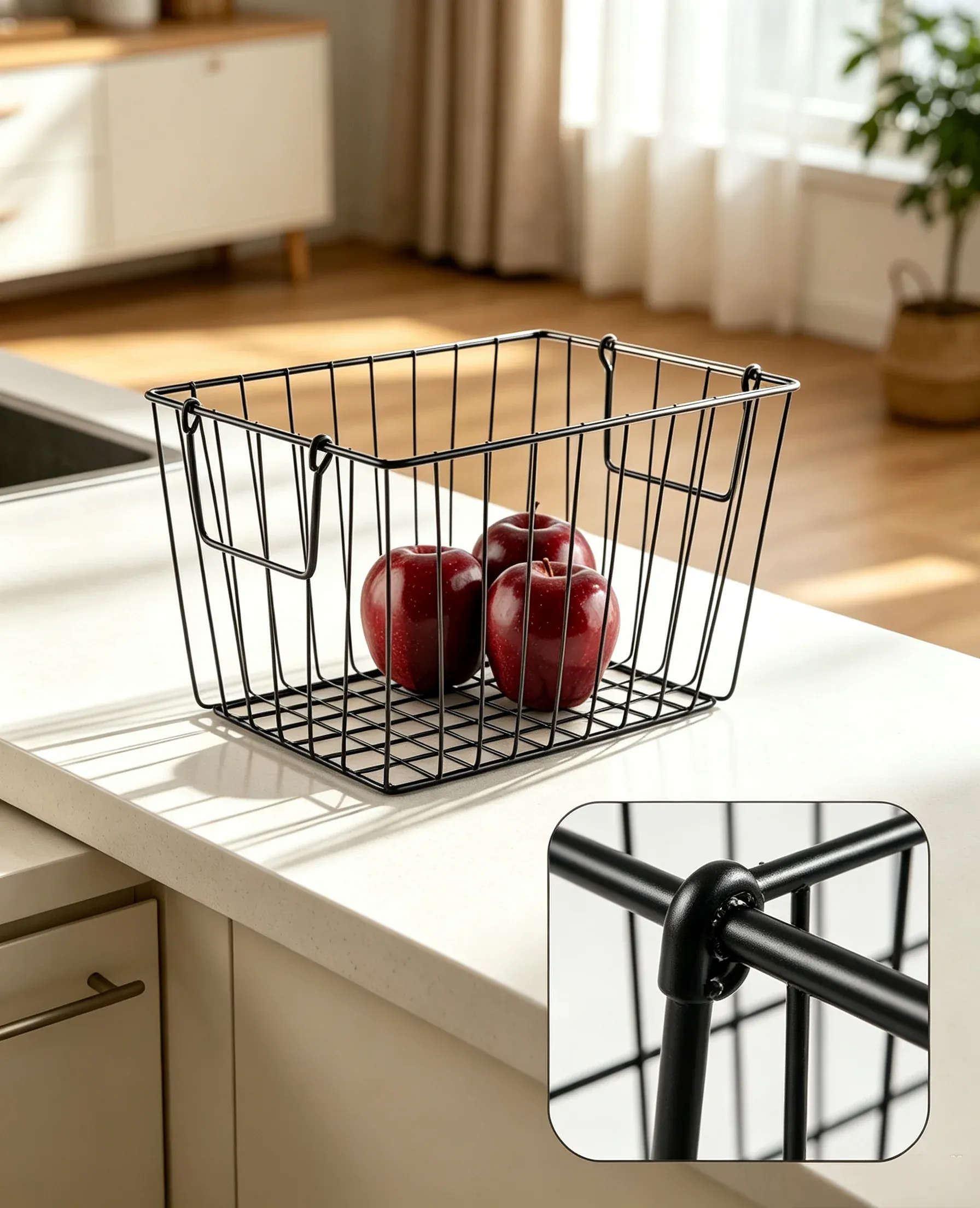 Wire storage basket with detailed metal construction