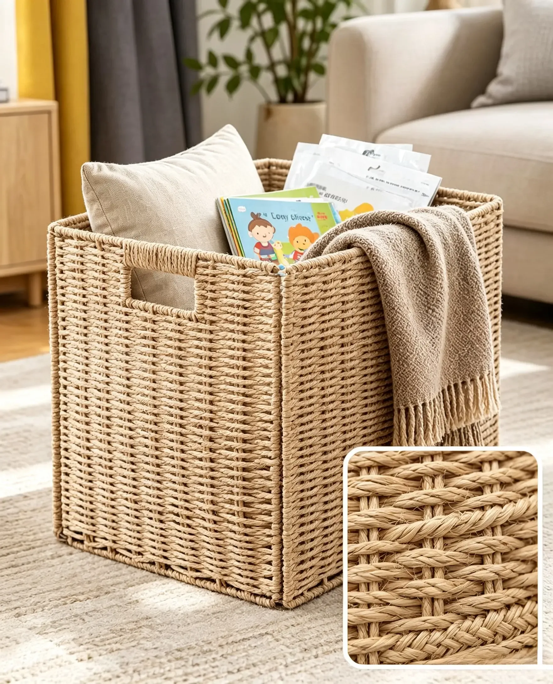 Hand braided paper rope collapsible storage basket for home organization
