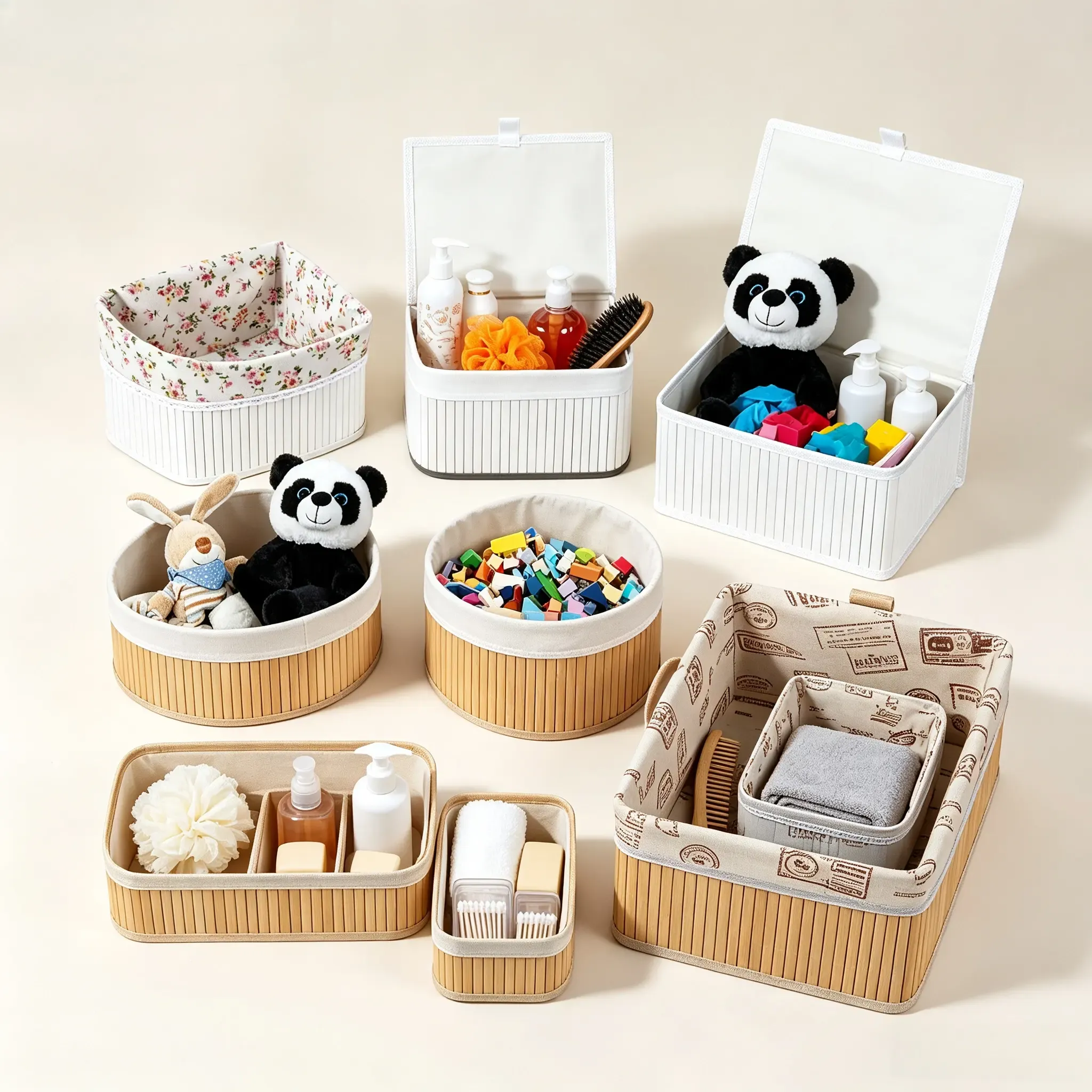 Custom bamboo storage baskets in different shapes sizes and woven designs for home storage