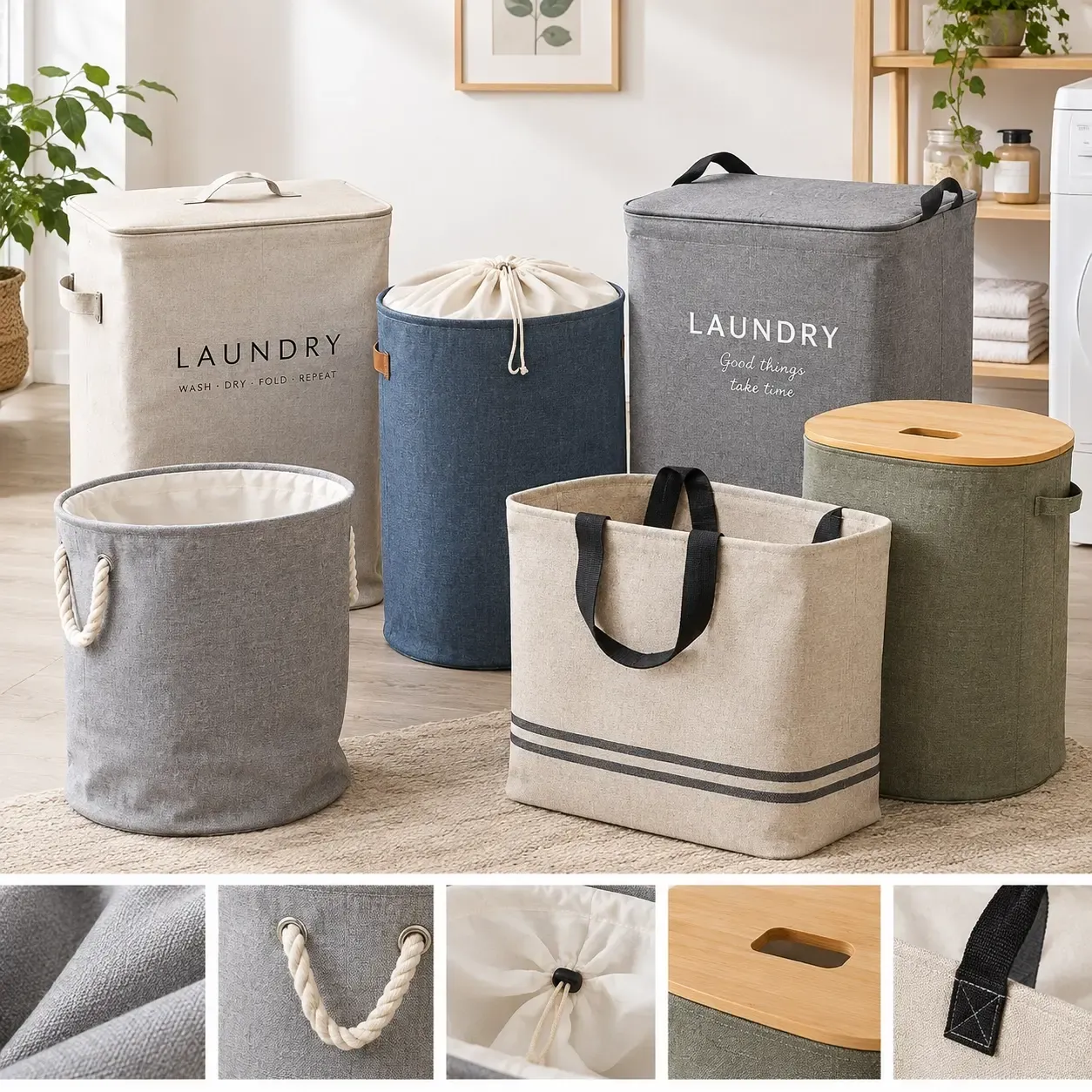 Textured flax fabric laundry hamper with detailed construction