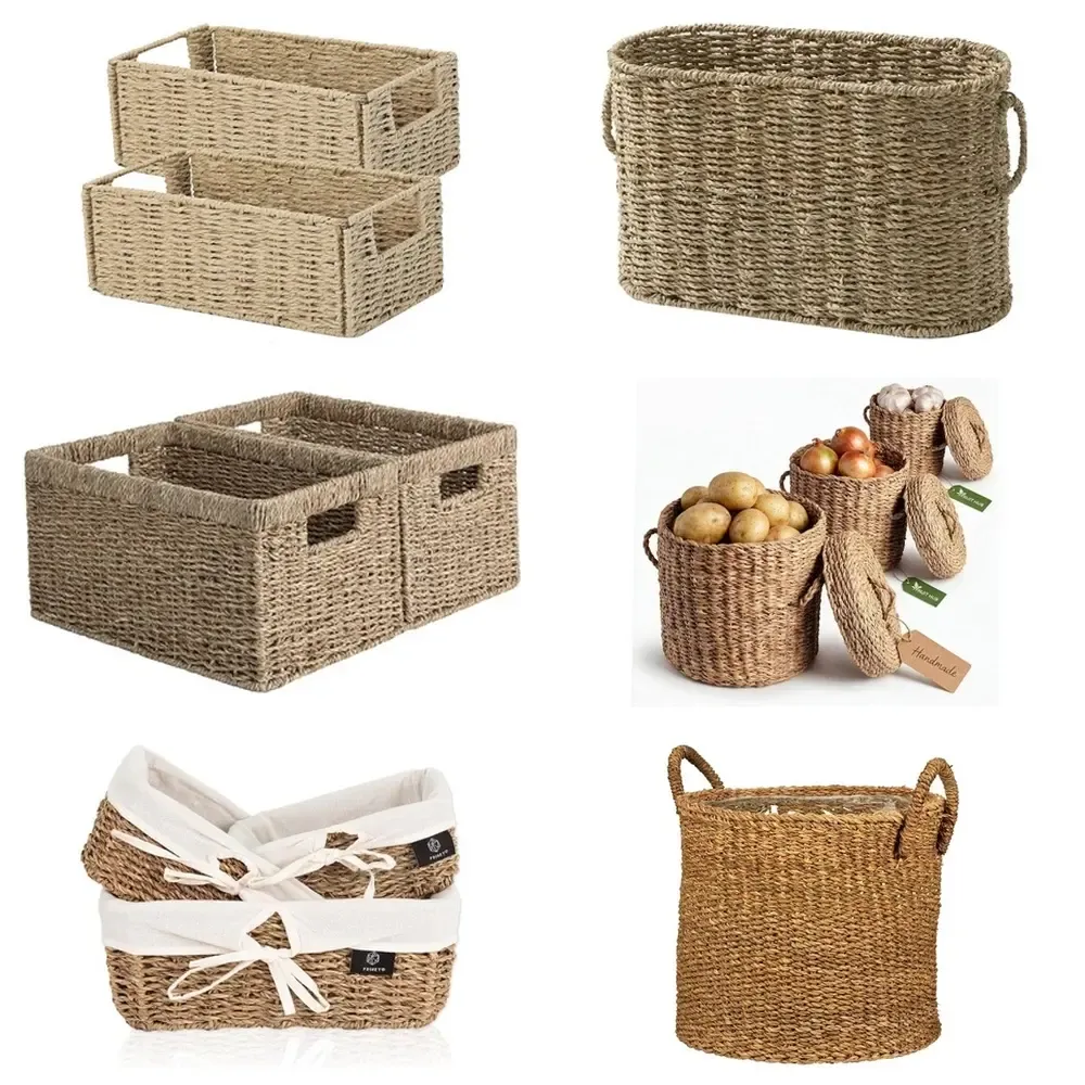 Handwoven seagrass storage baskets in different shapes and sizes