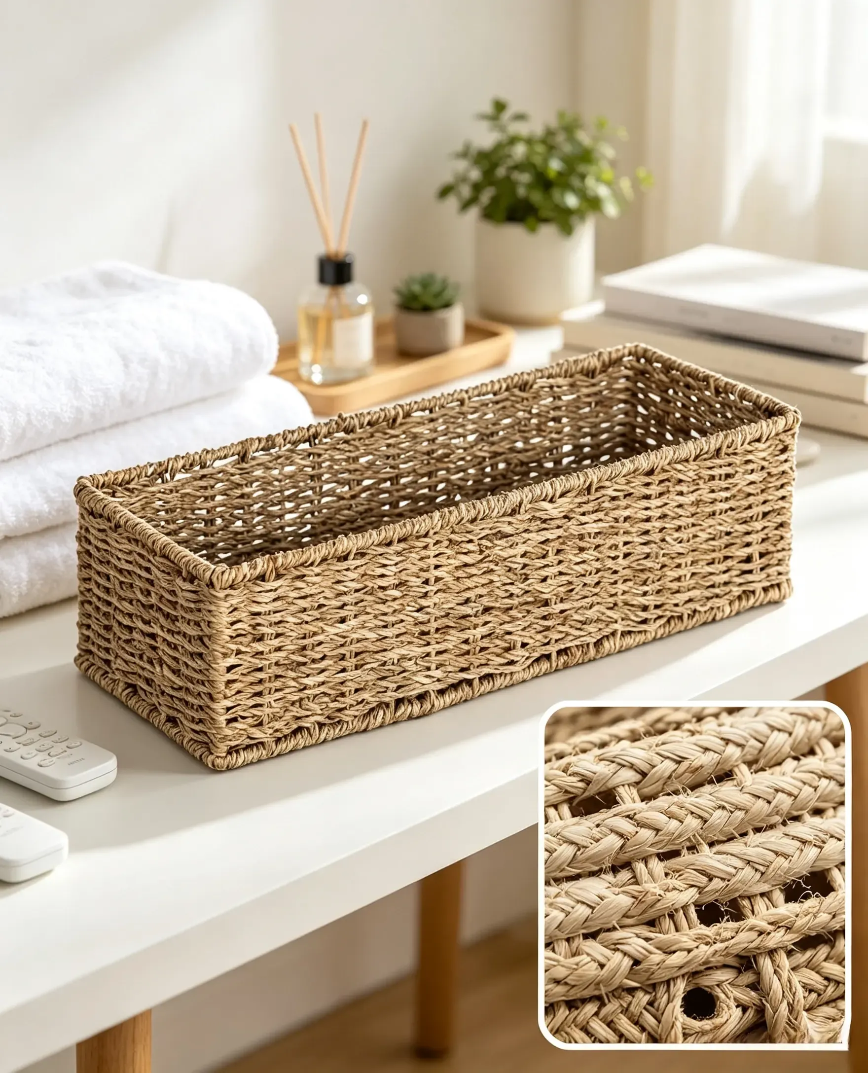Handwoven seagrass storage basket for natural home organization
