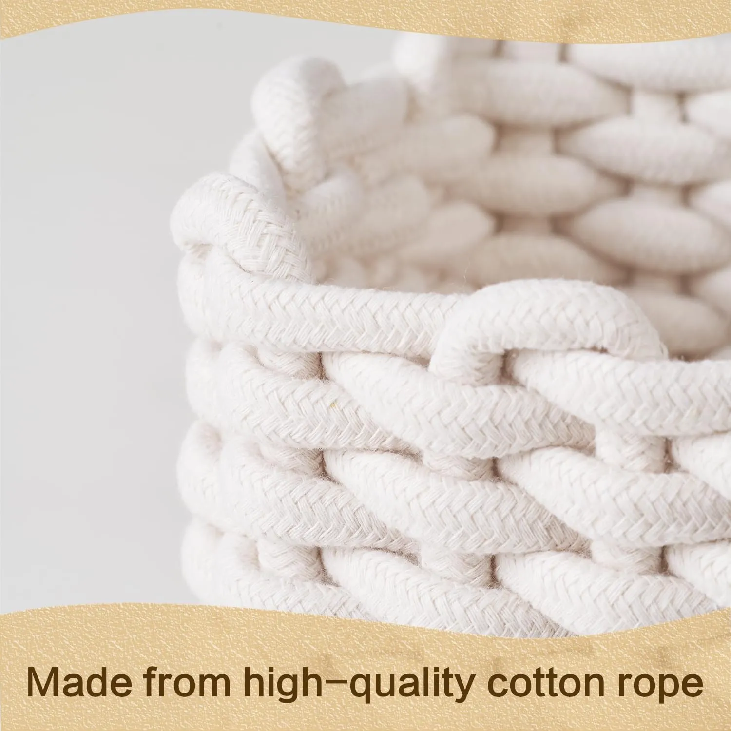 Close up of hand braided cotton rope weave and natural texture of storage basket