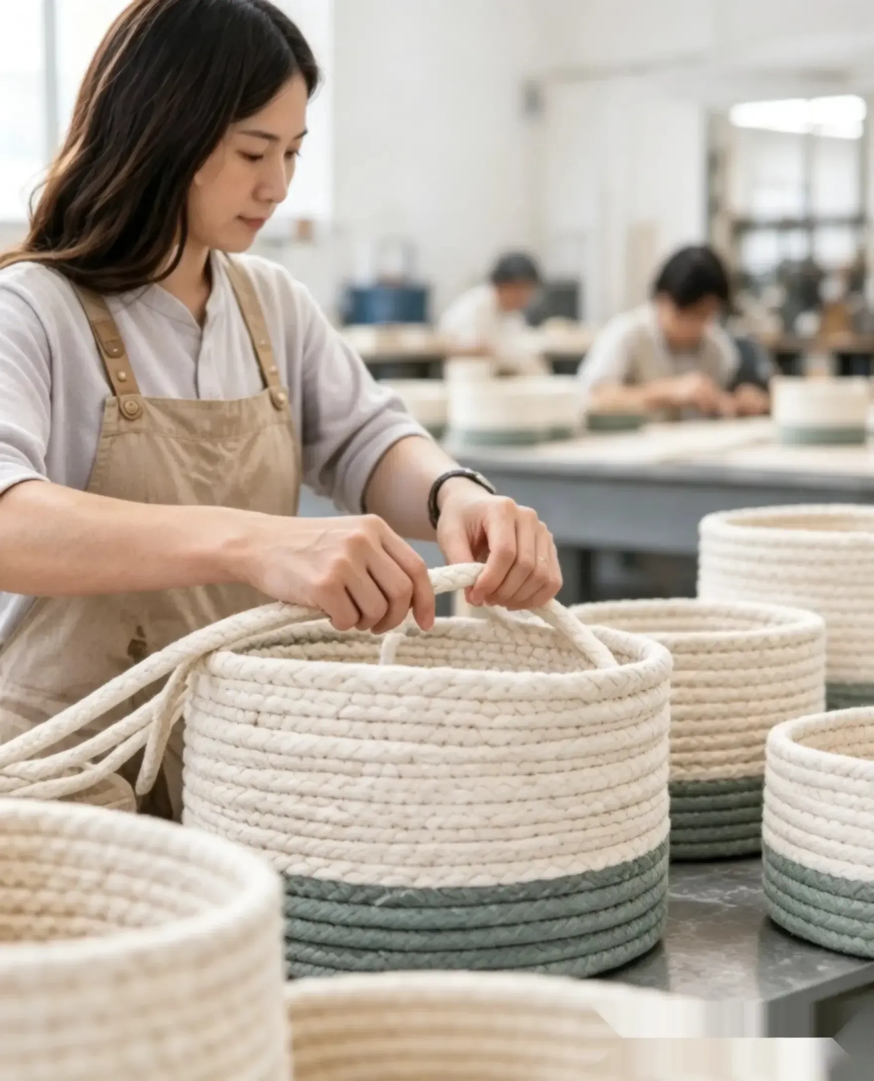 Handmade cotton rope basket production and quality control