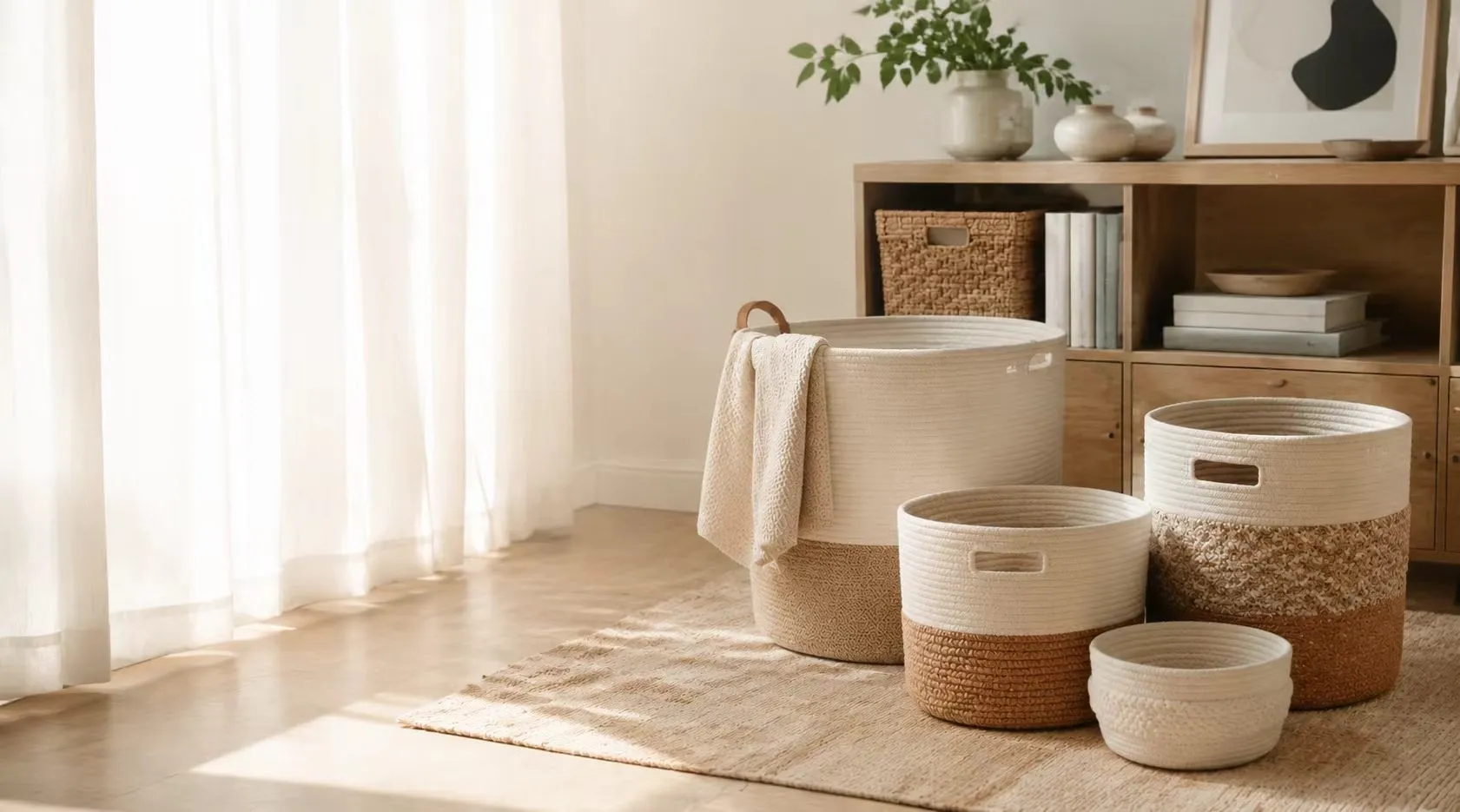 Cotton rope laundry baskets and home organization products