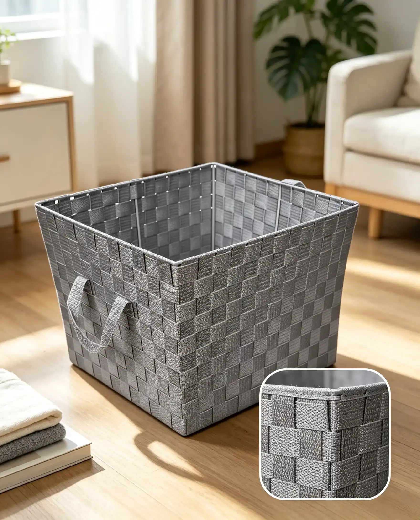 PP storage basket with woven texture and material details