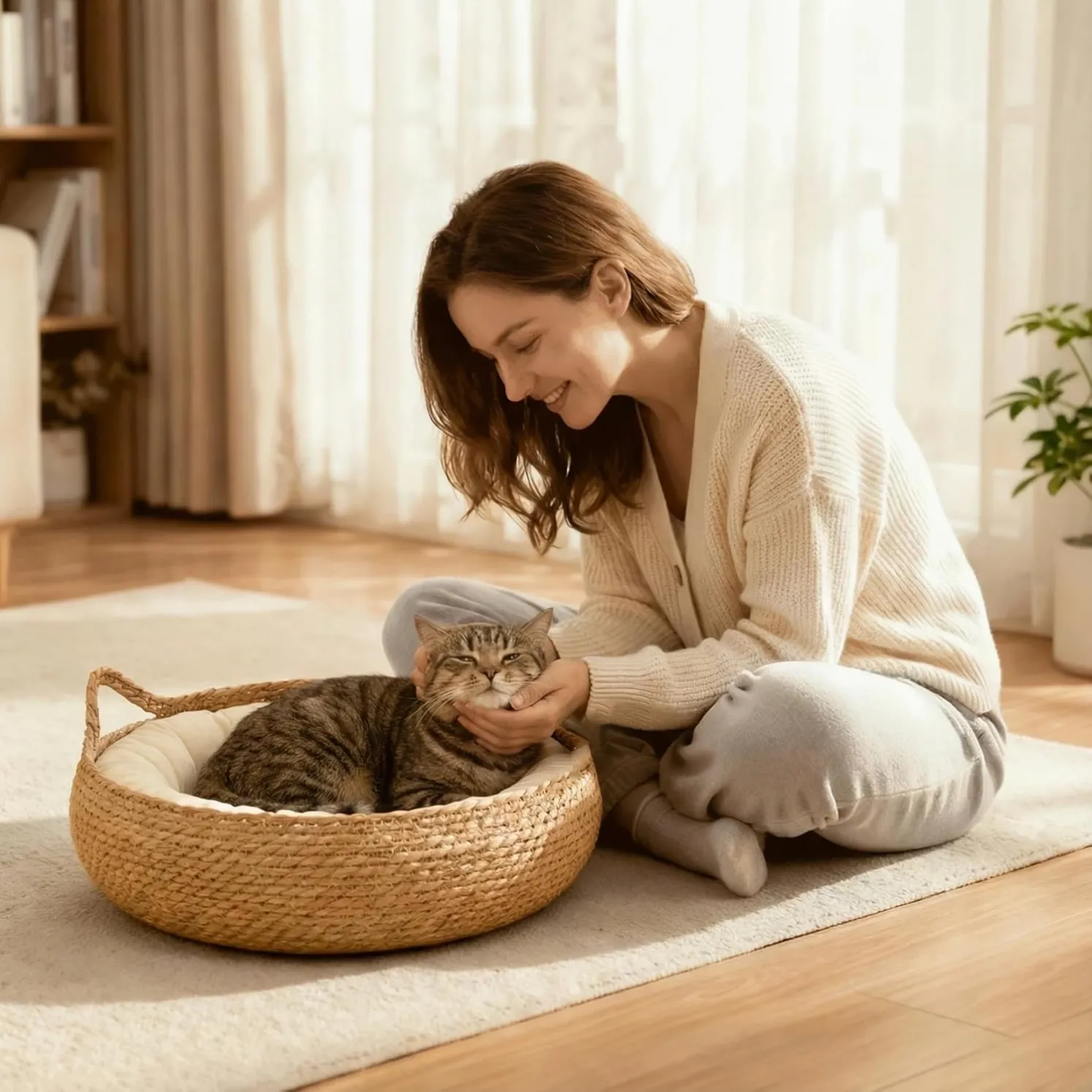 Water hyacinth pet bed with removable cushion for cats and small dogs