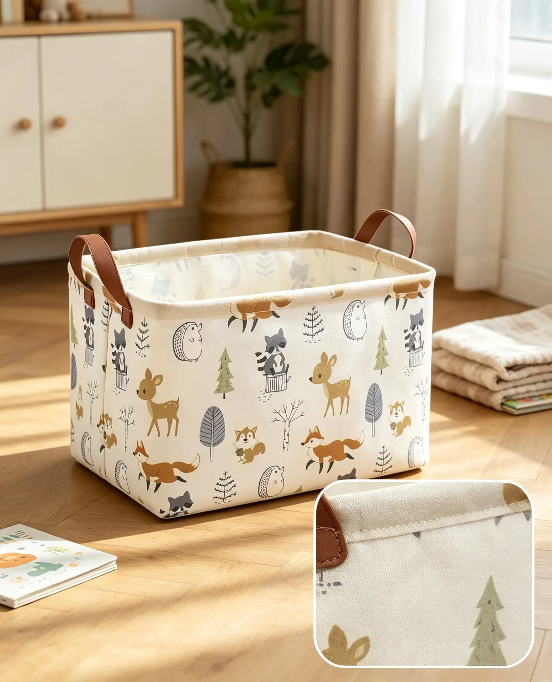 Canvas storage basket with detailed fabric construction