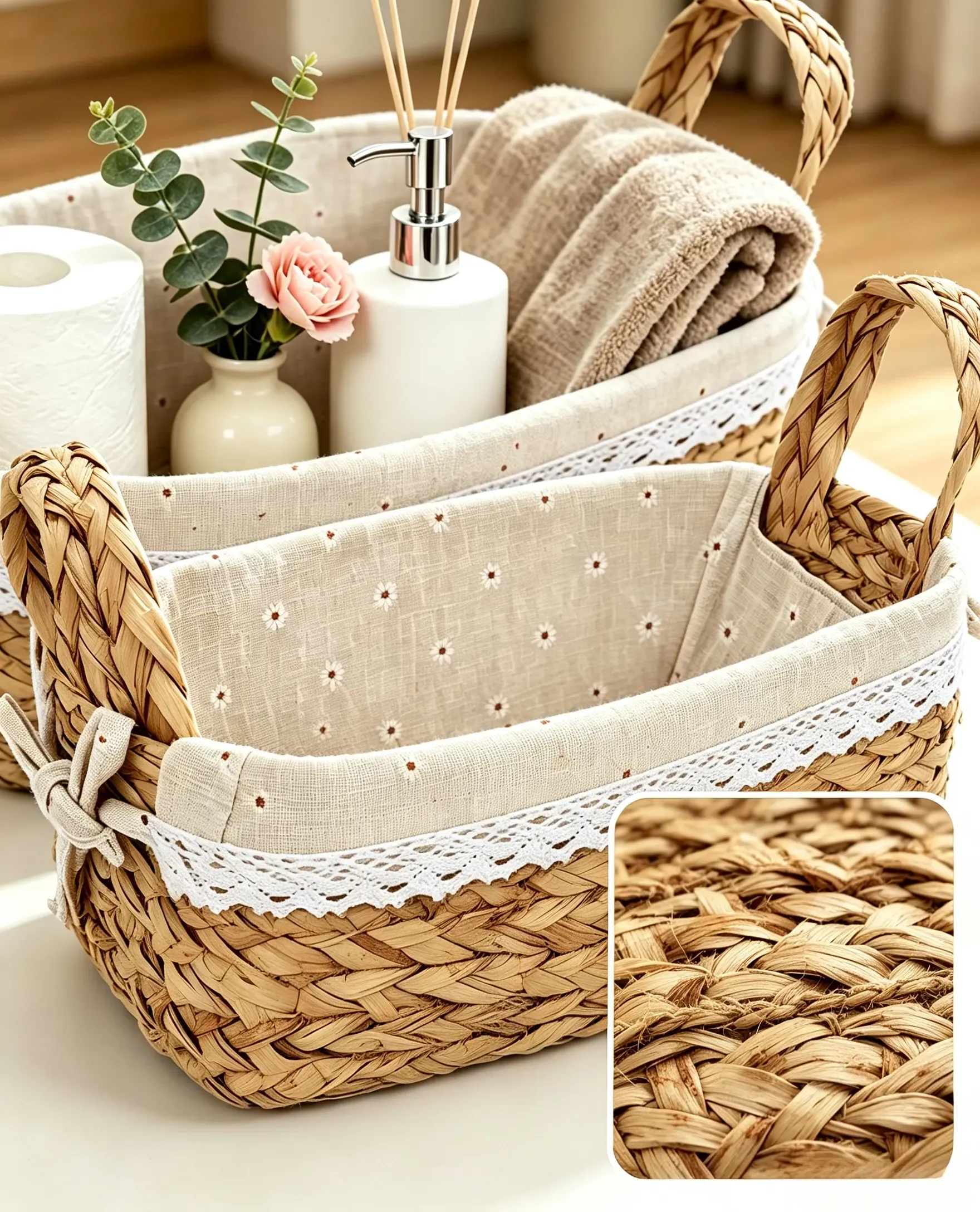 Handwoven cattail storage basket with fabric liner for home organization