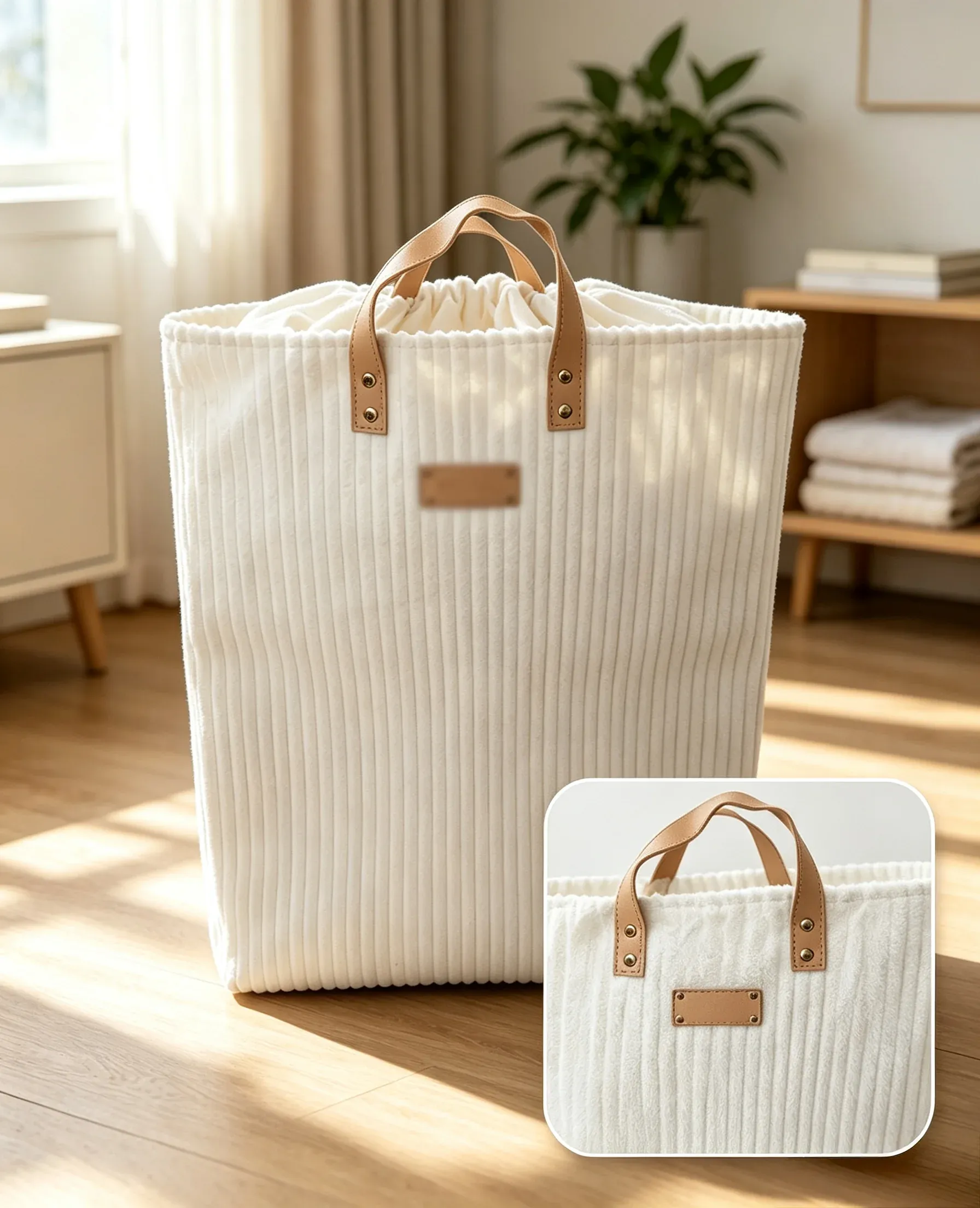 Chenille storage baskets with soft textured fabric and material details