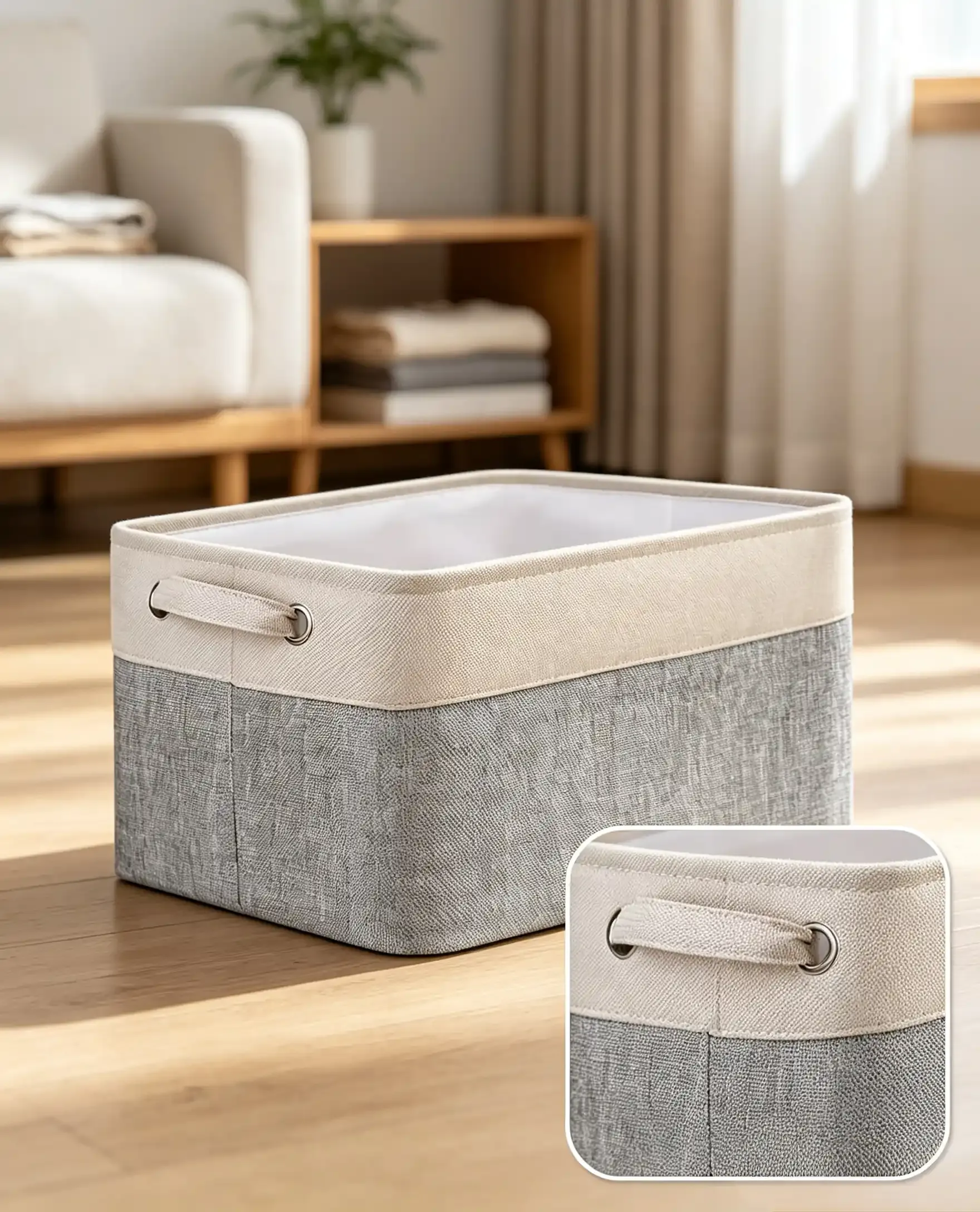 faux linen storage basket with textured fabric and material details