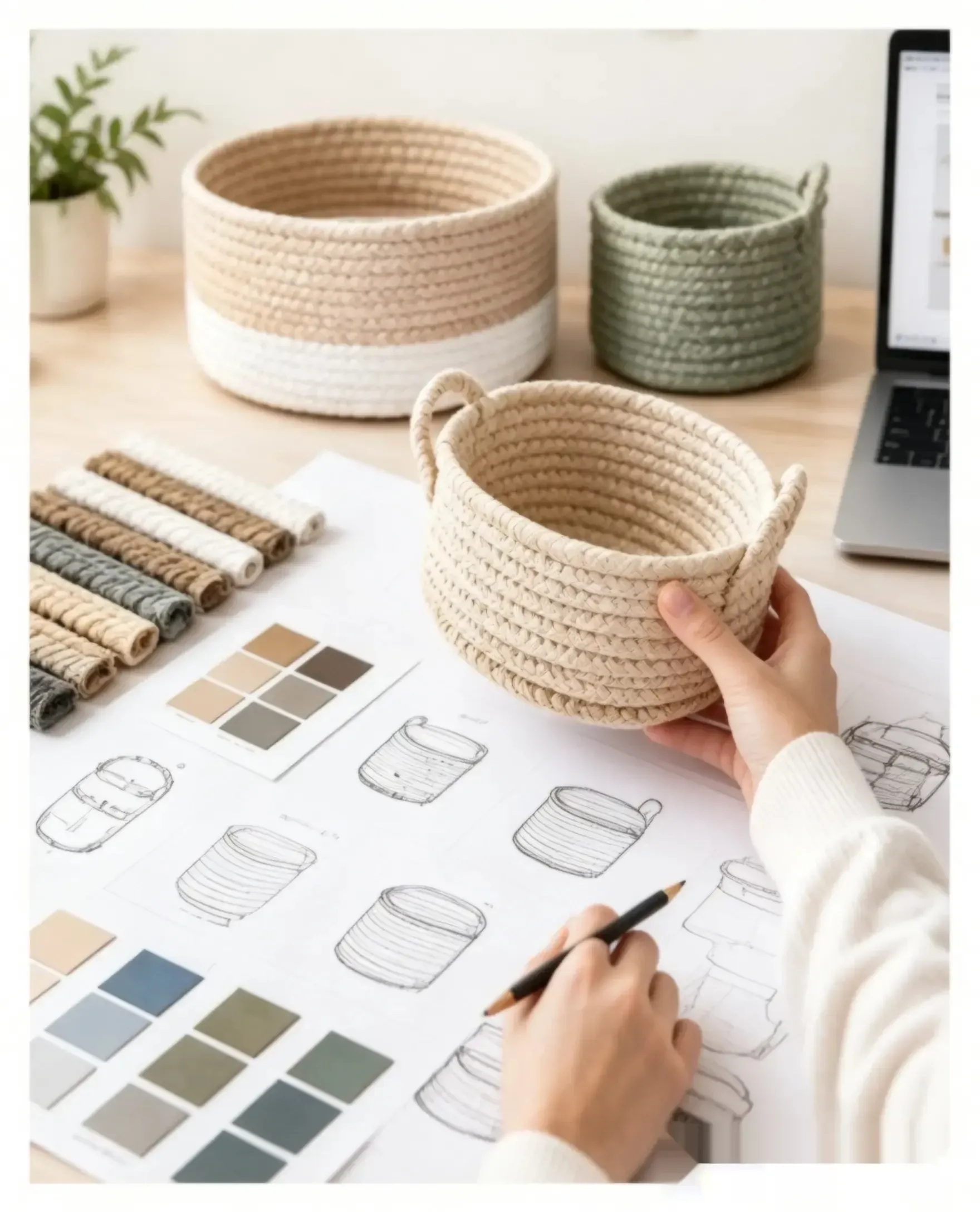 Custom woven basket design with material samples and product prototypes