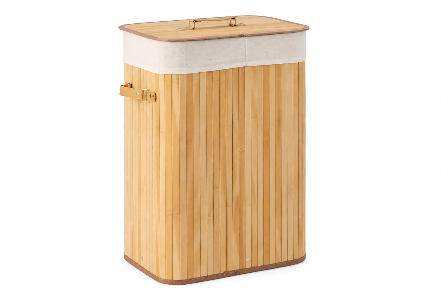Bamboo slat laundry hamper with natural wood finish