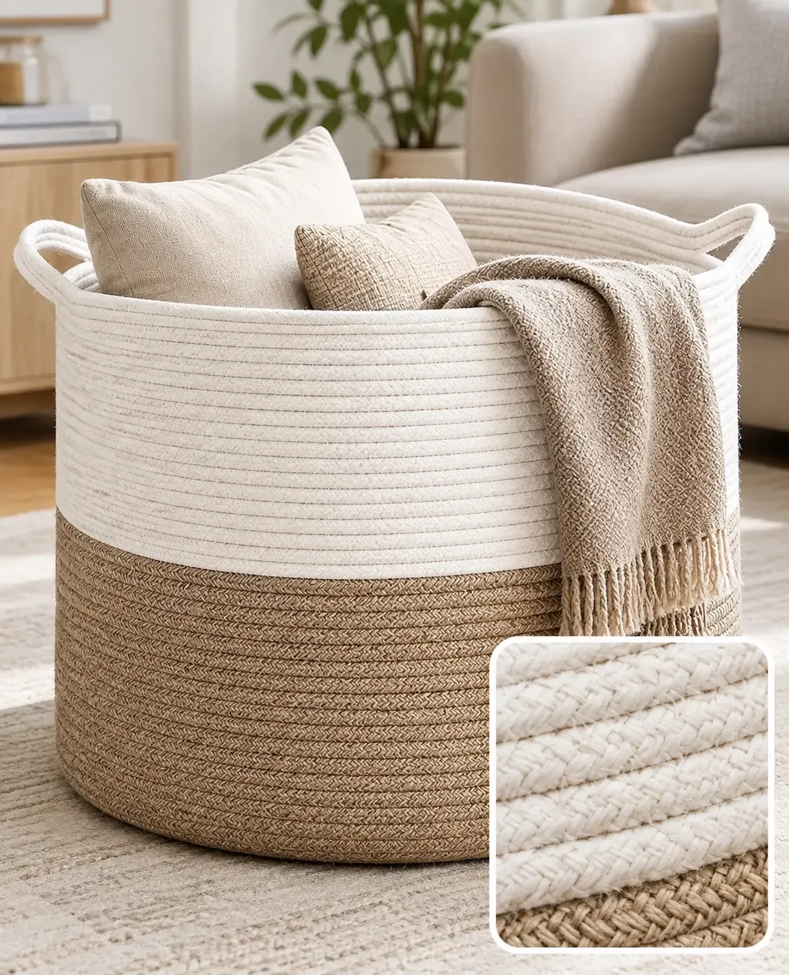 Natural cotton rope with hand braided texture for woven storage baskets