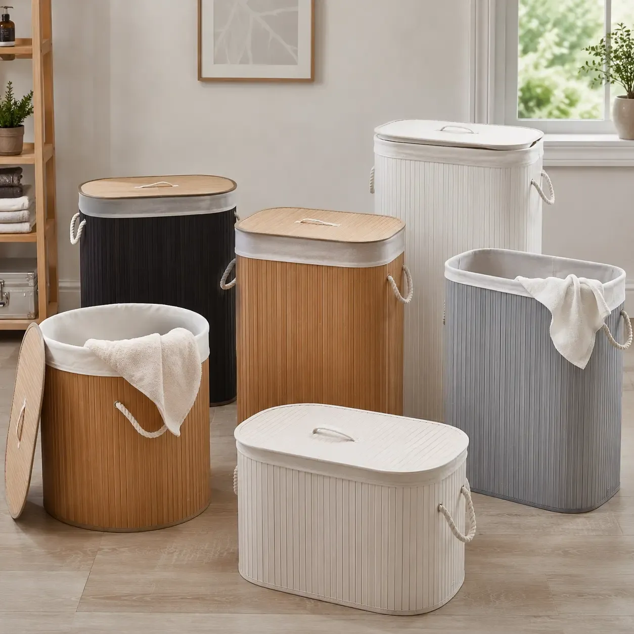 Bamboo laundry hampers in different styles and colors