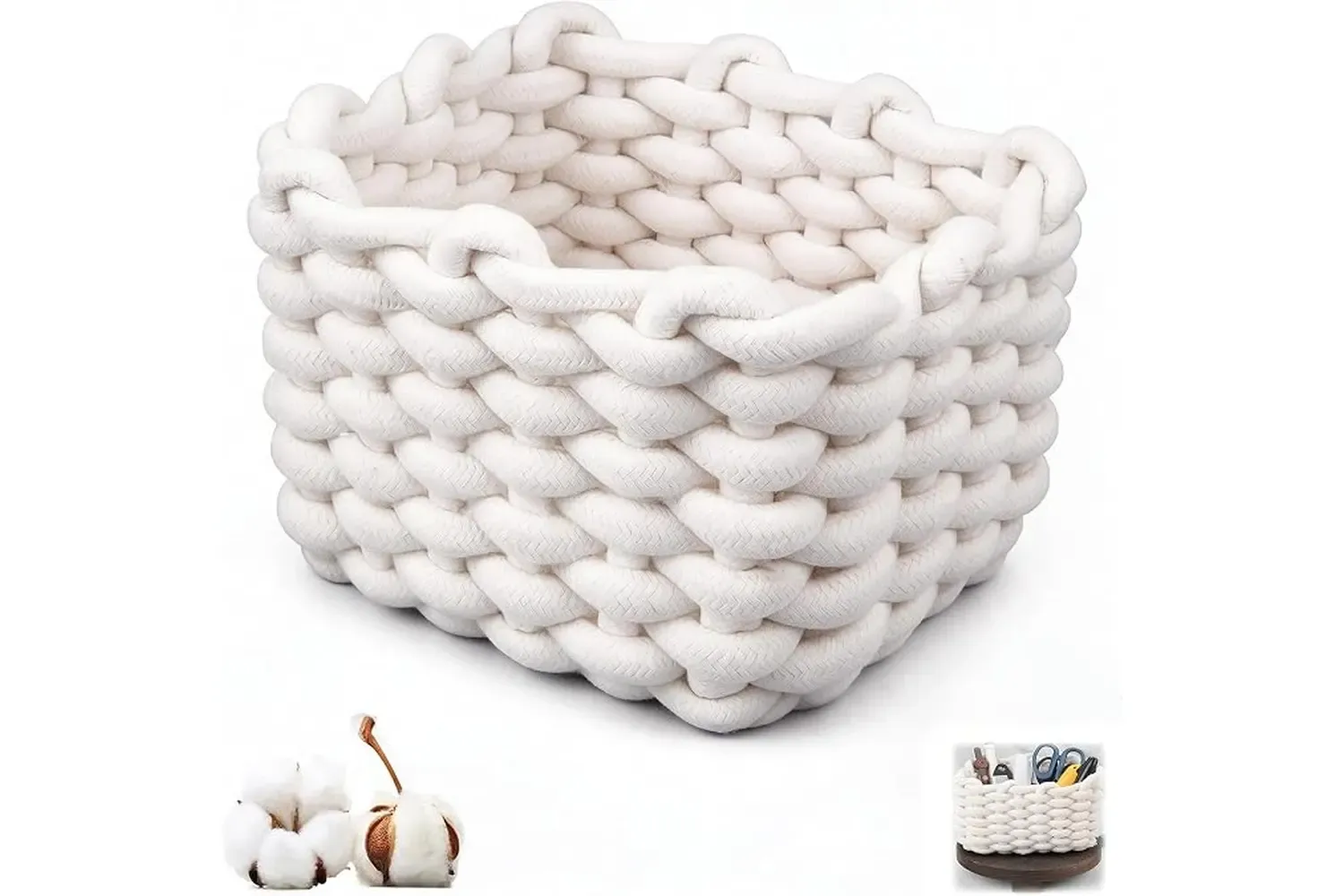 Hand-braided cotton rope storage basket in ivory