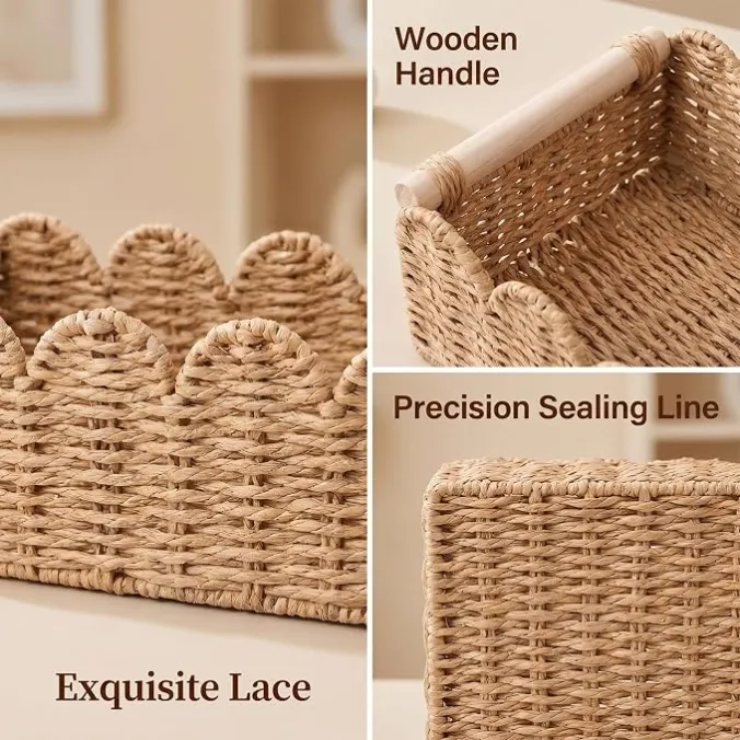 Close-up of woven paper rope basket texture and craftsmanship