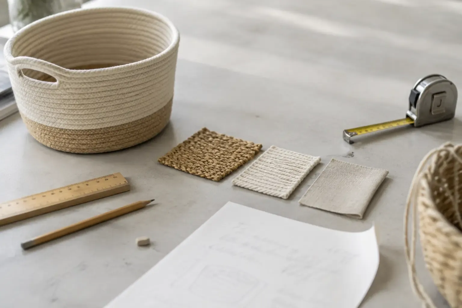Material swatches and a cotton rope storage basket on our sampling table during homeware product development