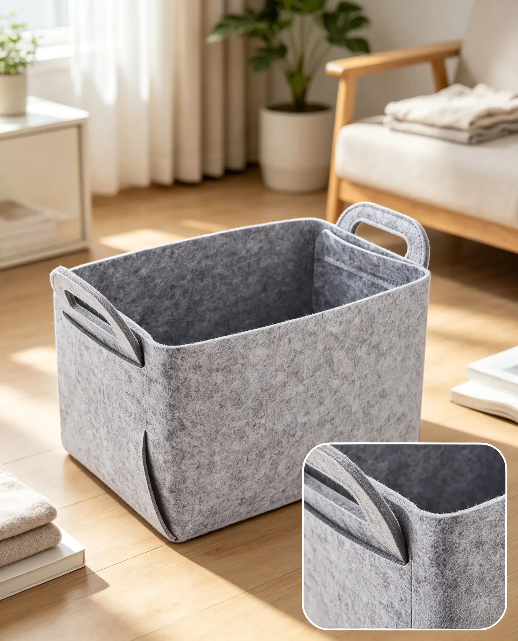 Felt storage basket with soft textured fabric and material details