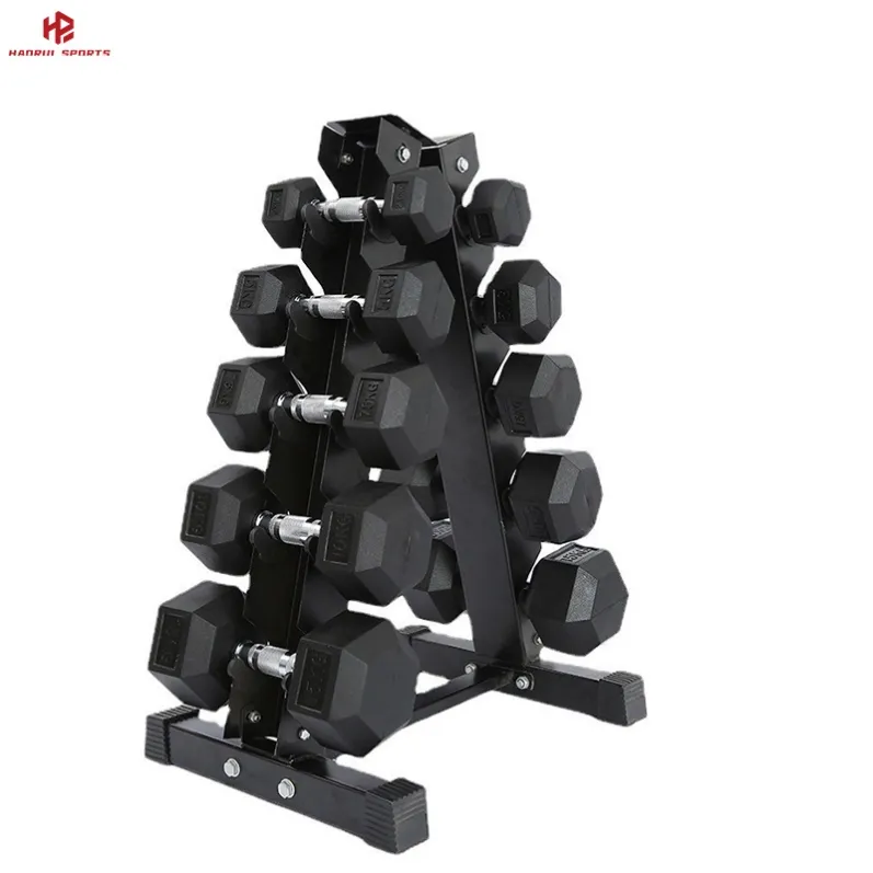 Hex Rubber Dumbbell with rack