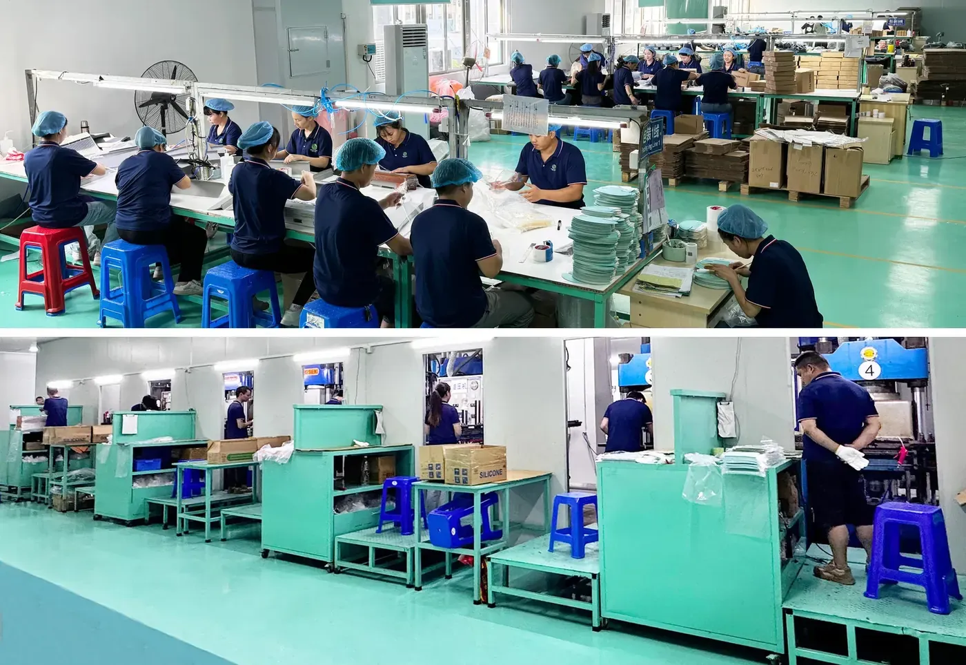 Workers packing silicone pet products and silicone molding machines in the WINWINPETS workshop