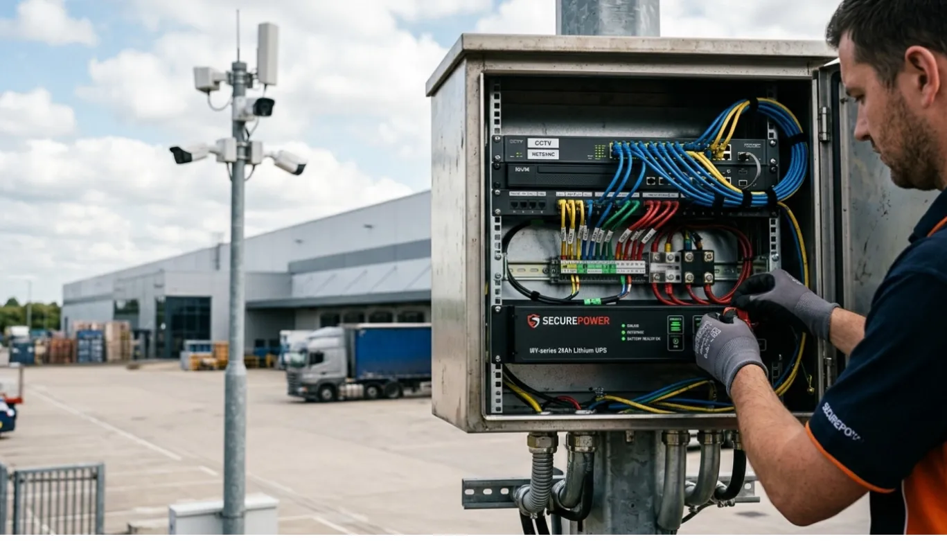 Professional outdoor cabinet installation featuring dynamic PoE switch and industrial Lithium LiFePO4 UPS for enterprise CCTV project