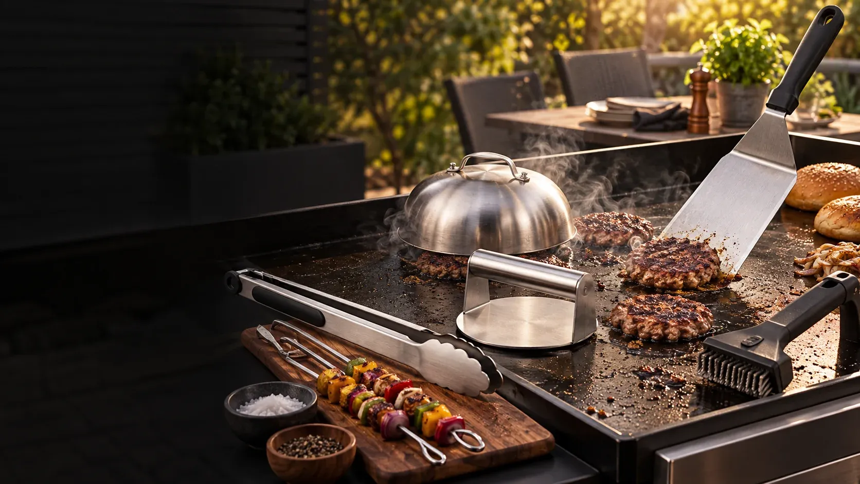 Backyard flat-top griddle scene with BBQ and griddle tools