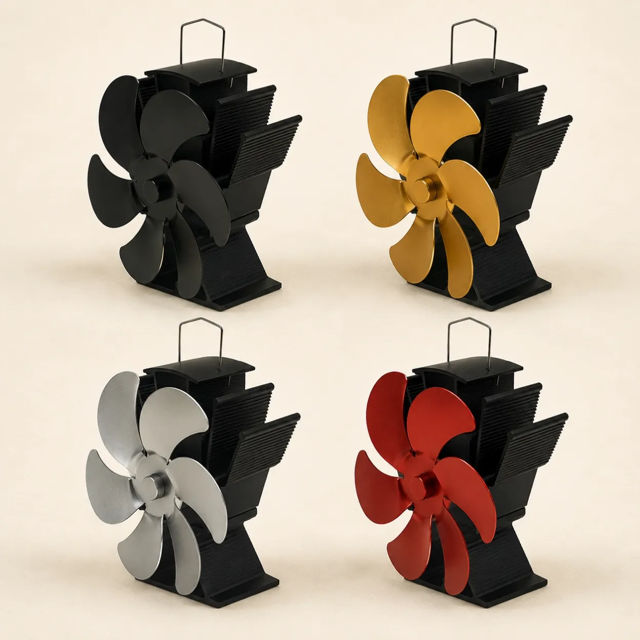 Four color options for diamond style triangle base stove fan