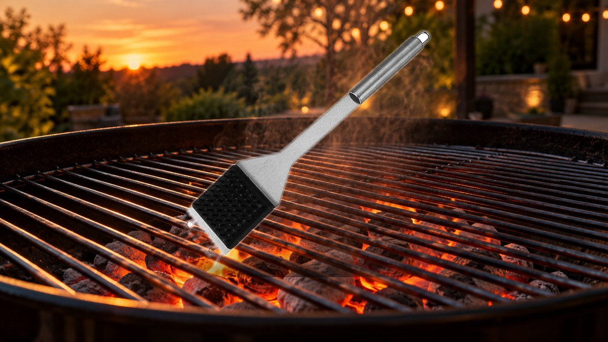 Stainless steel grill brush with scraper cleaning hot barbecue grates with steam