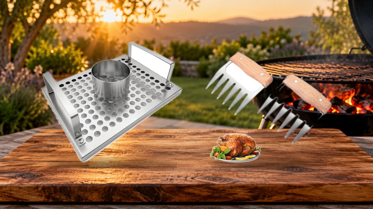 Roasting rack with chicken and a meat shredder on a prep board beside a backyard grill