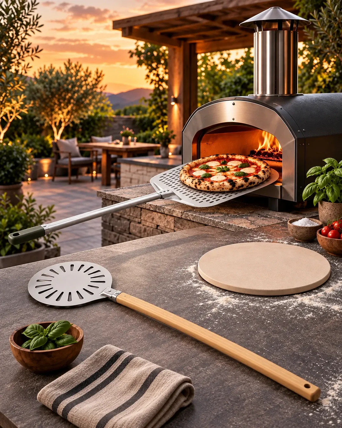Pizza oven scene with a long aluminum-alloy-handle launching peel and long wooden-handle turning peel