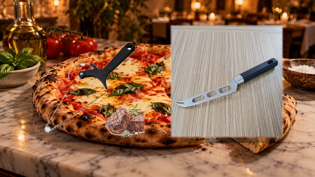 Pizza server and cheese knife set beside a margherita pizza on a marble counter
