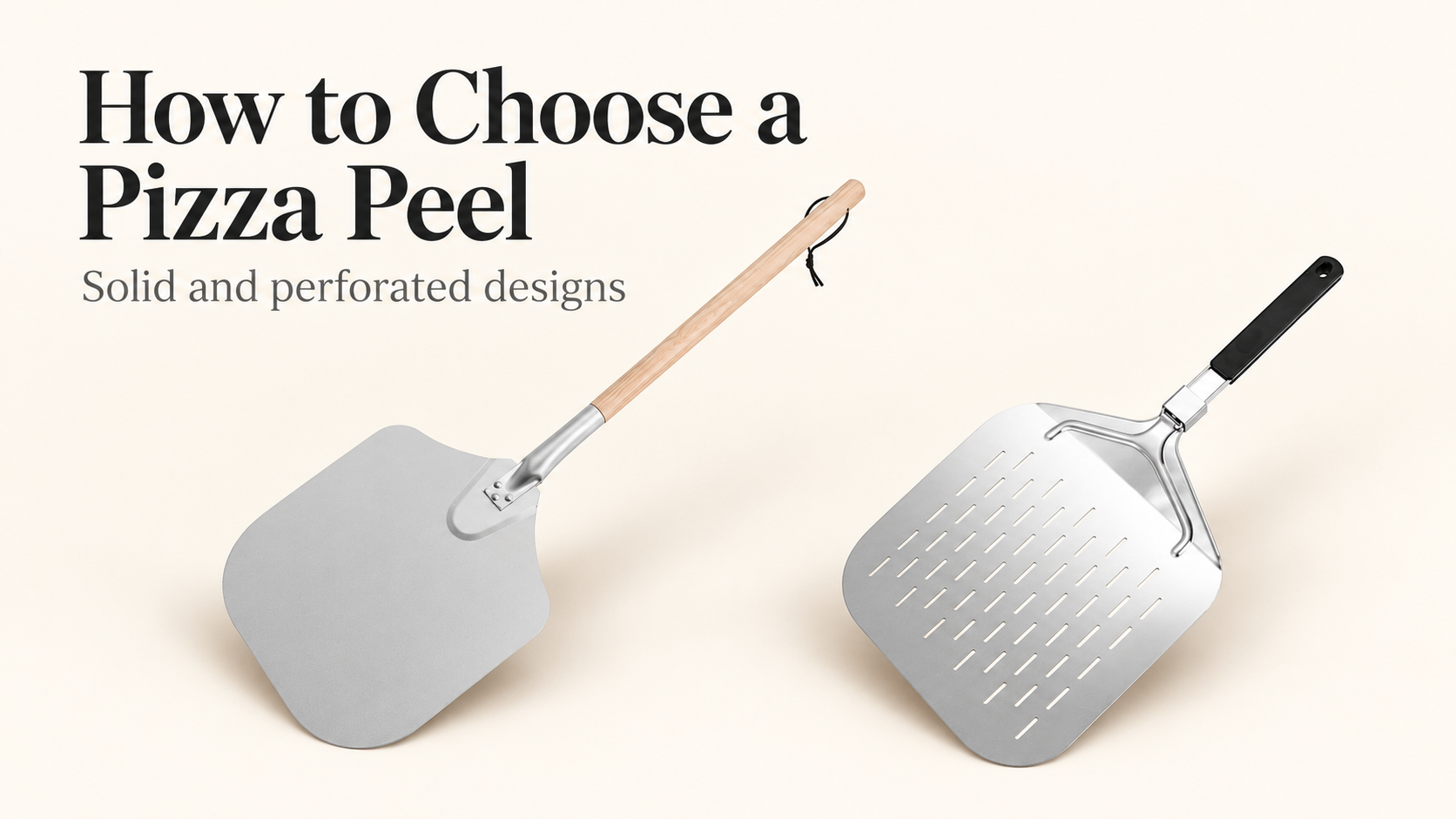 Solid and perforated aluminum pizza peels shown with their original handle designs.