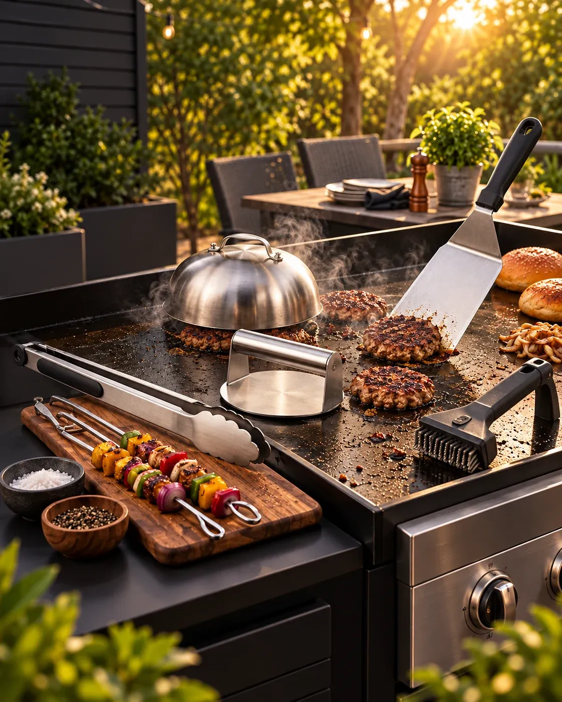 Vertical flat-top griddle scene with BBQ spatula, press, tongs, brush, and skewers