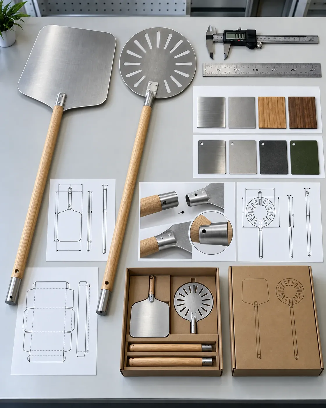 Long-handle pizza peel samples with caliper, drawings, materials, detachable joints, and packaging specification
