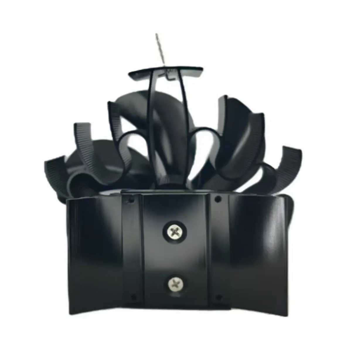Back view of clamp mounted heat powered stove fan