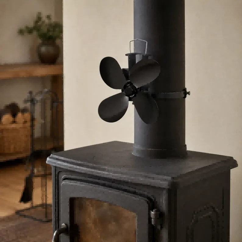 Heat powered stove fan mounted on stove pipe (1)